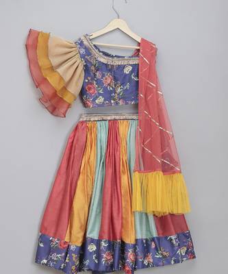 Purple floral printed off shoulder lehnga set with attached dupatta 3