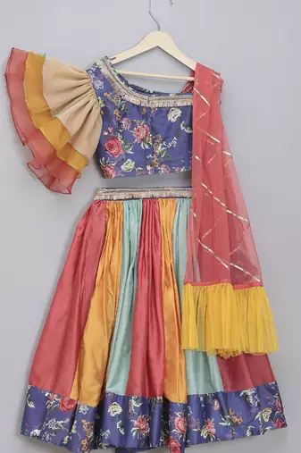 Purple floral printed off shoulder lehnga set with attached dupatta