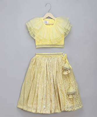 Lime yellow organza frill chanderi lehnga set 1