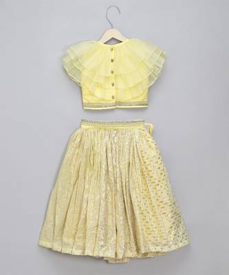 Lime yellow organza frill chanderi lehnga set 3