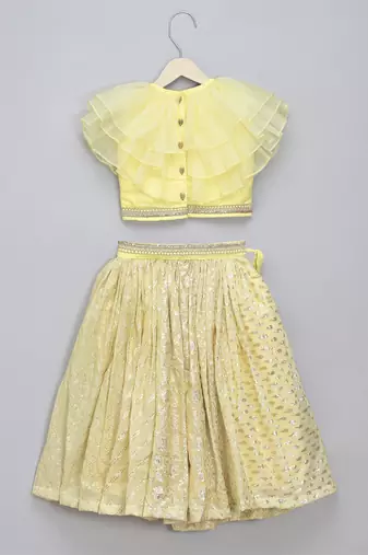 Lime yellow organza frill chanderi lehnga set
