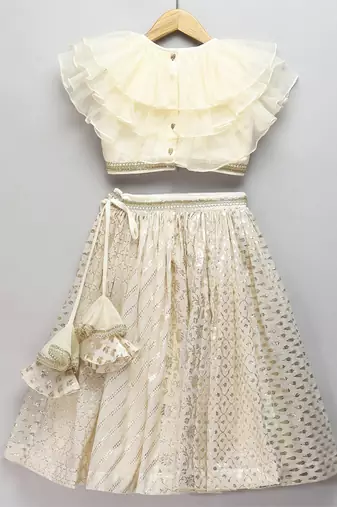 Off white organza frill chanderi lehnga set