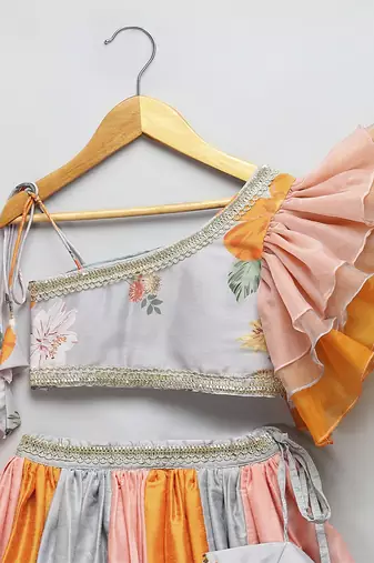 Grey floral printed off shoulder lehnga set