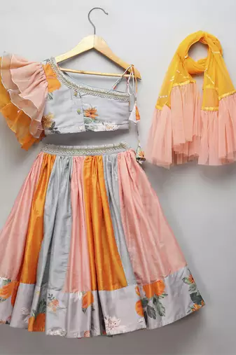Grey floral printed off shoulder lehnga set