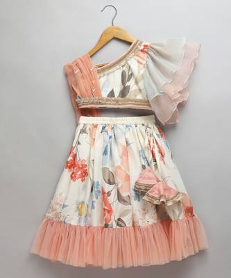 Floral printed off shoulder lehnga set with attached dupatta 1
