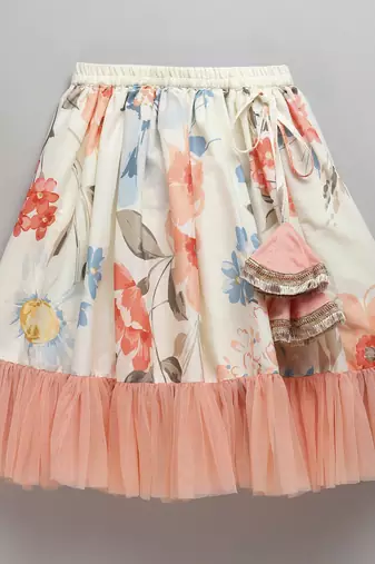 Floral printed off shoulder lehnga set with attached dupatta