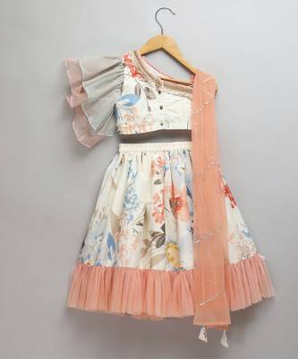 Floral printed off shoulder lehnga set with attached dupatta 3