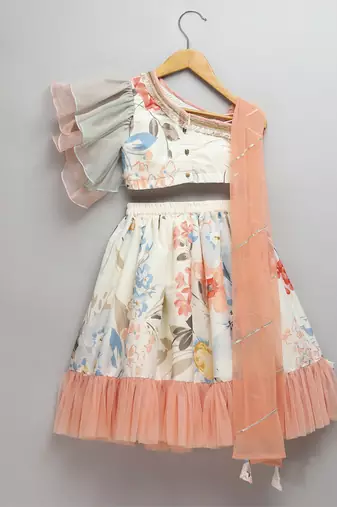 Floral printed off shoulder lehnga set with attached dupatta