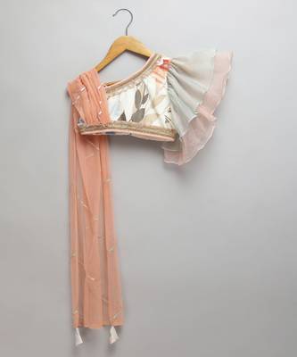 Floral printed off shoulder lehnga set with attached dupatta 4