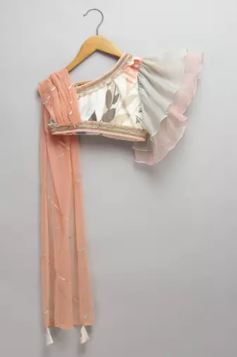 Floral printed off shoulder lehnga set with attached dupatta
