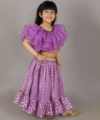 Purple organza frilled blouse with cotton zari lehnga 1