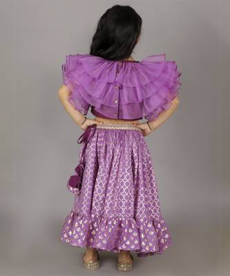 Purple organza frilled blouse with cotton zari lehnga 2
