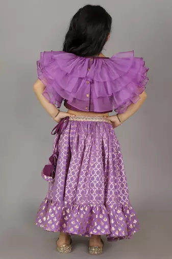 Purple organza frilled blouse with cotton zari lehnga