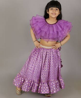 Purple organza frilled blouse with cotton zari lehnga 3