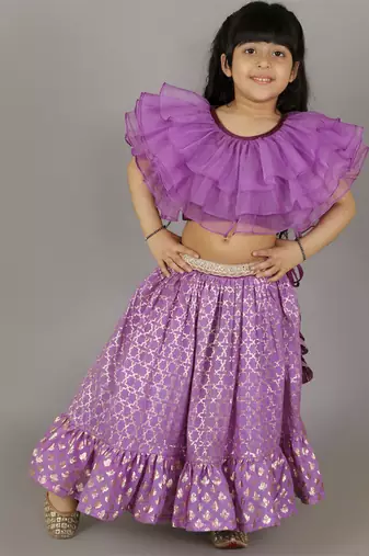 Purple organza frilled blouse with cotton zari lehnga