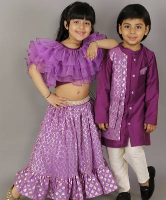 Purple organza frilled blouse with cotton zari lehnga 4