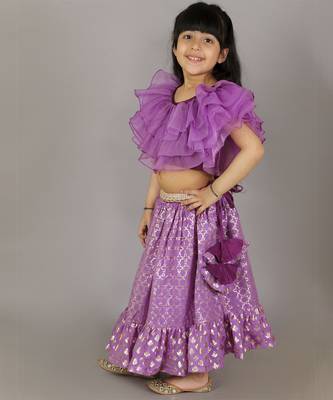 Purple organza frilled blouse with cotton zari lehnga 5