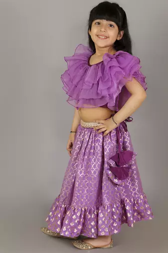Purple organza frilled blouse with cotton zari lehnga