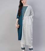 Teal blue printed cotton straight kurta pant dupatta set