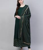 Bottle green gold printed rayon flared kurta dupatta set