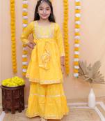 yellow cotton long sleeves zari embroidery kurti with sharara