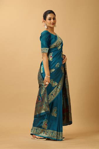 Blue woven design silk baluchari saree with blouse
