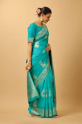 Light blue woven design silk baluchari saree with blouse
