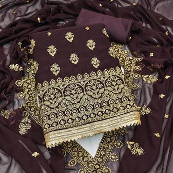 Women's brown heavy zari embrodiery georgette dress material 1