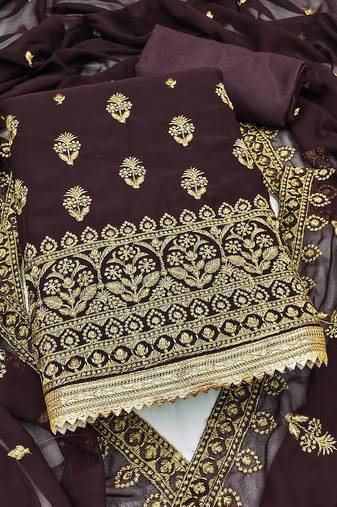 Women's brown unstitched heavy zari embrodiery georgette dress material 