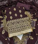 Women's brown unstitched heavy zari embrodiery georgette dress material 