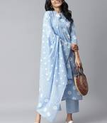 Light blue printed cotton straight kurta pant dupatta set