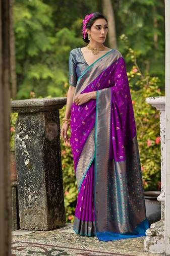 Wine banarasi silk blend weaving saree with zari woven
