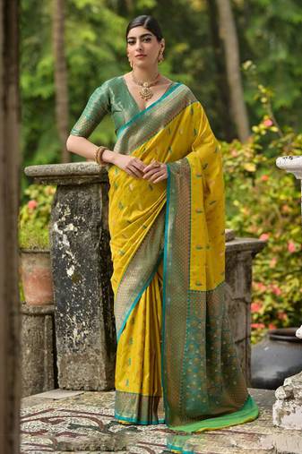 Yellow banarasi silk blend weaving saree with zari woven