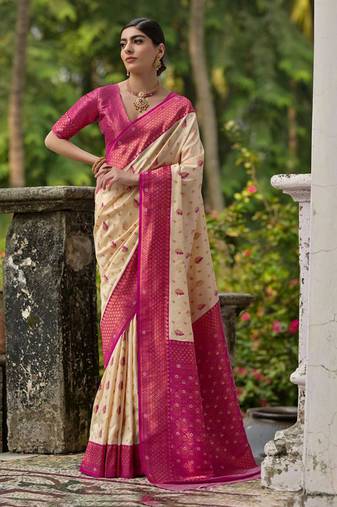 Cream banarasi silk blend weaving saree with zari woven