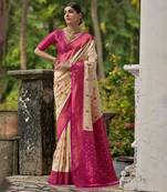 Cream banarasi silk blend weaving saree with zari woven