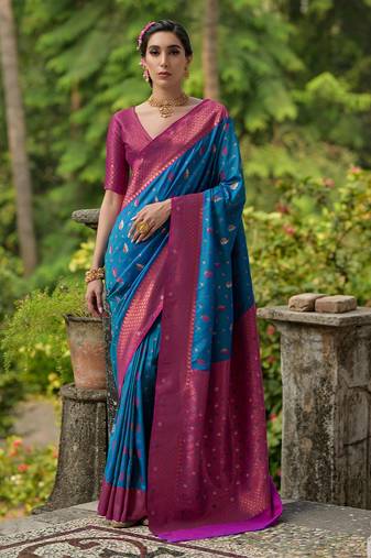 Blue banarasi silk blend weaving saree with zari woven