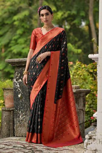 Black banarasi silk blend weaving saree with zari woven