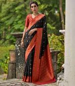Black banarasi silk blend weaving saree with zari woven