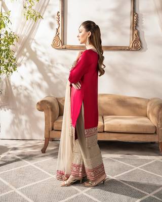 RED CREAM MALAI SATIN PARTY WEAR EMBROIDERY SUIT SET  3