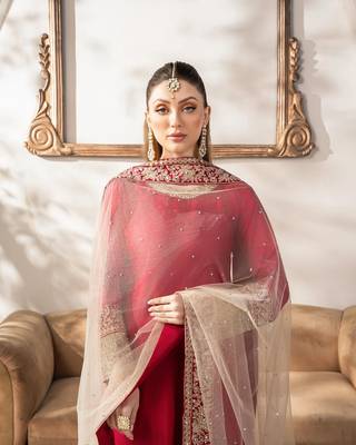 RED CREAM MALAI SATIN PARTY WEAR EMBROIDERY SUIT SET  4