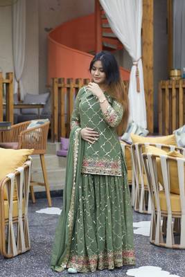 green chinon embroidery party wear suit set   1