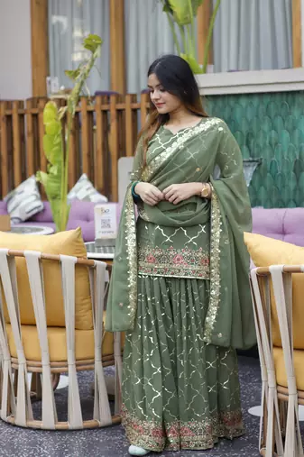 green chinon embroidery party wear suit set  
