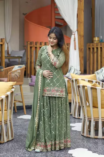 green chinon embroidery party wear suit set  