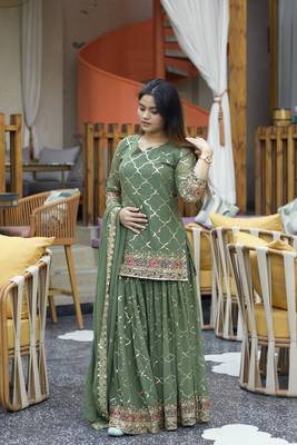 green chinon embroidery party wear suit set   5