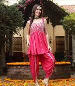 Pink Solid & Embroidered Rayon A-Line Punjabi Salwar Suit