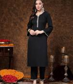 Black solid & embroidered italian crepe straight kurta pant set