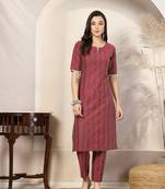 Rose self woven striped cotton blend straight kurta pant set