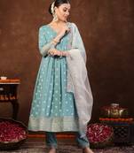 Aqua blue printed & embroidered rayon anarkali kurta pant dupatta set
