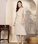 Beige self woven striped cotton blend straight kurta pant set