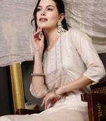 Beige woven design & embroidered silk blend straight kurta pant dupatta set